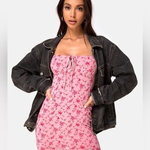 NWT Motel Kariel Floral Tie Front Bodycon Mini Dress Medium Pink Tie Straps